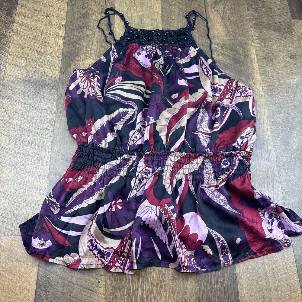 Cache 100% Silk Beaded Crochet Straps Y2K Smocked Boho Paisley Cami Top Size L